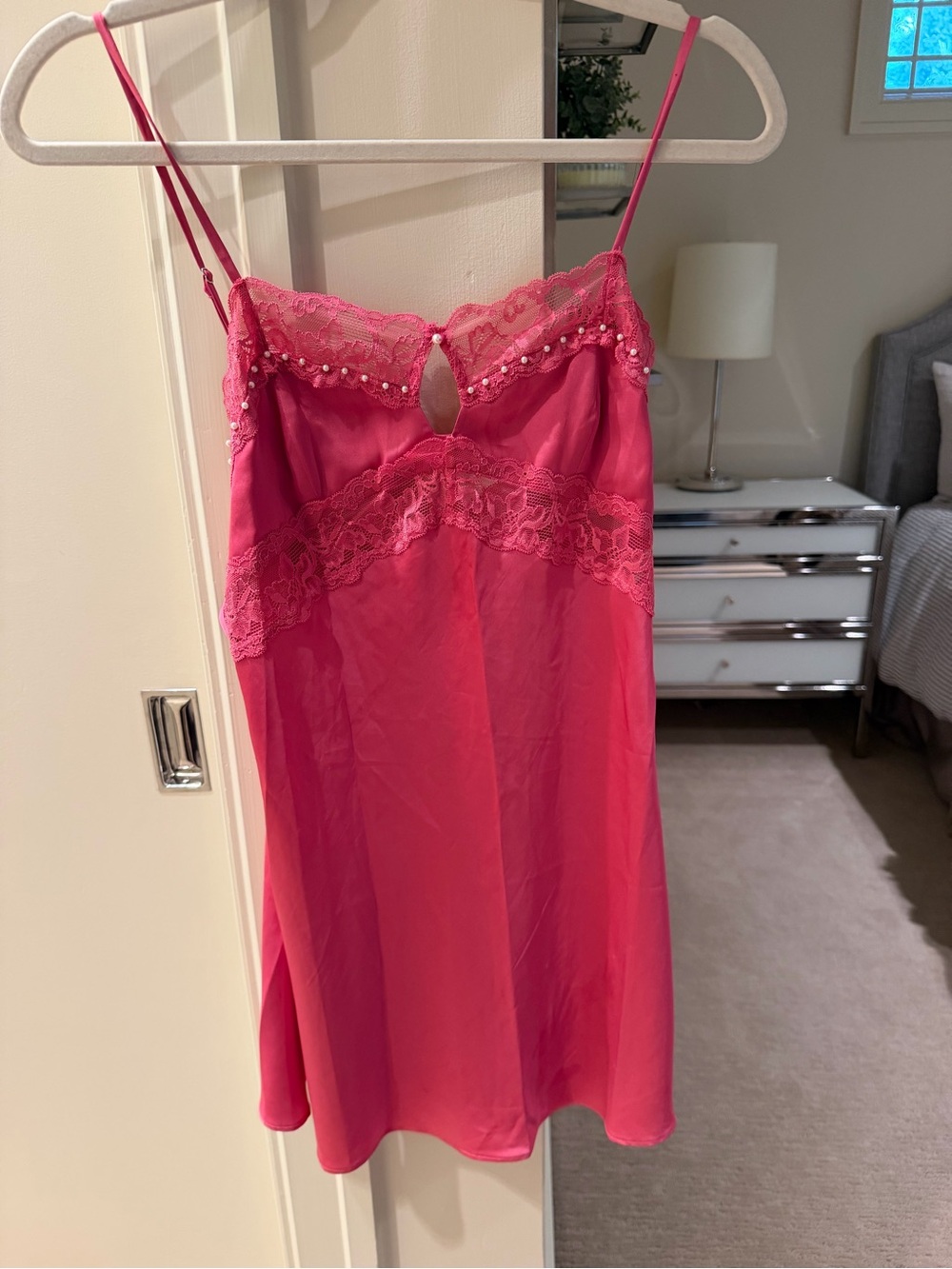 Danielle Guizio Hot Pink Lace-Trim Slip Dress with Pearls